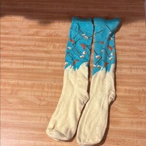Blue and Cream Knee-High Socks with Bird Design